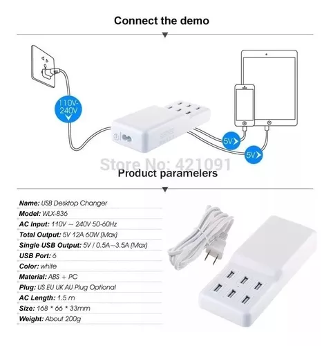 Cargador Usb A 220V 6 Tomas 3.5A Wlx-836 Zapatilla