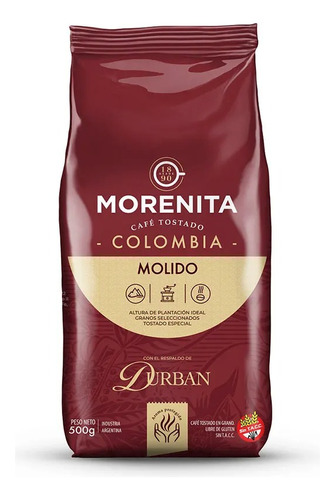 Café Colombia Morenita Durban Molido Sin Azúcar X 500 Gr