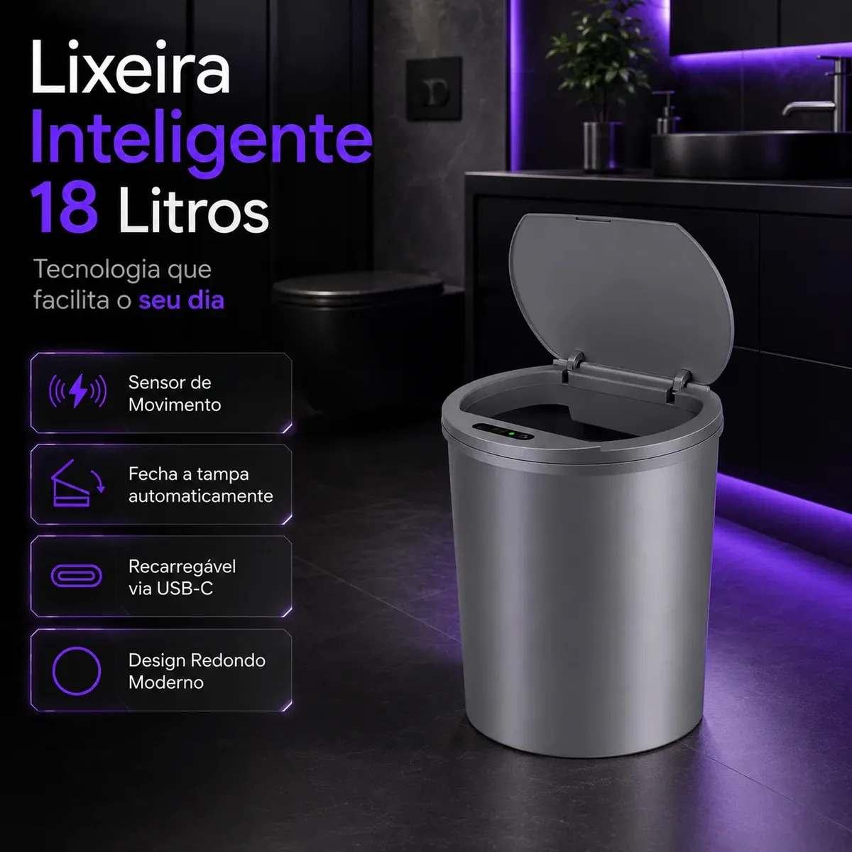 Lixeira Inteligente Com Sensor Automática Banheiro Cinza Lixeira Automática De 18 Litros Com Sensor Balde Lixo Adequada Para Cozinha E Banheiro Modelo