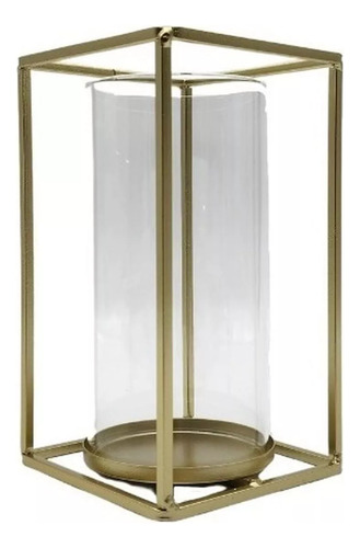 Candelabro Cubo Metálico Dorado Con Vidrio Porta Vela 