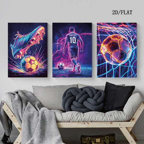 Póster De Fútbol De Neón De 3 Piezas Para Niños, Lienzo, Dec