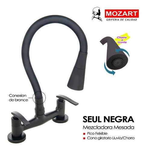 Grifería Cocina Mesada Seul Negra Mozart 7083 Acabado Mate Color Negro