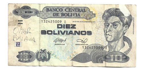 Liquido Billete De Bolivia.  10 Bolivianos  De 1986