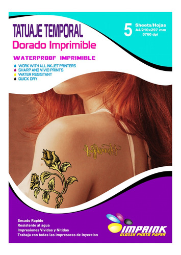 Tatuaje Temporal Imprimible Efecto Dorado A4/5 Hojas