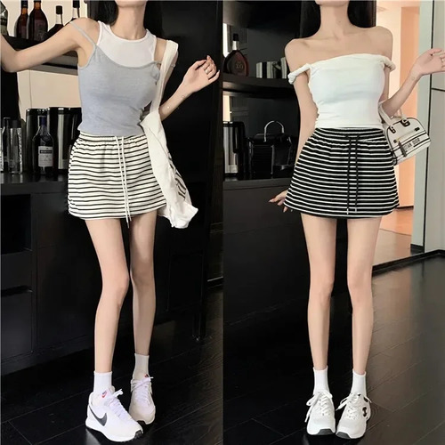 Minifalda De Cintura Elástica A Rayas Para Mujer, Estilo Cor