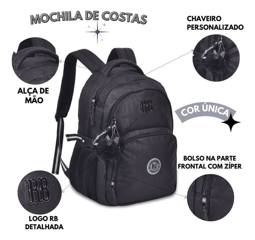 Mochila De Costas Rb24527 Rebecca Bonbon Preto Escolar Clio Desenho do tecido Lisa