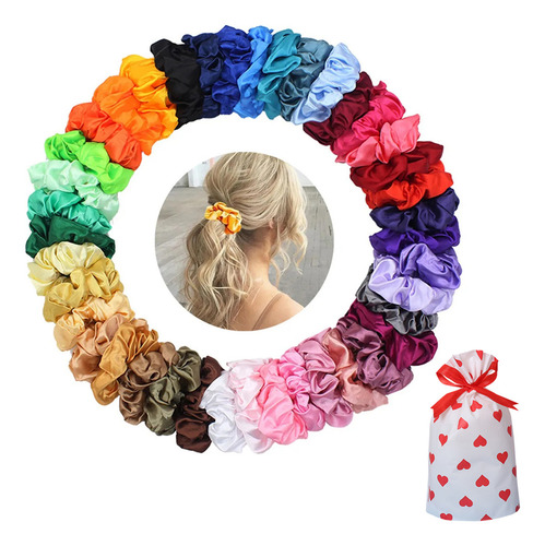 Ligas Para Cabello Scrunchies De Satén 40 Colores Y Bolsa De Almacenamiento
