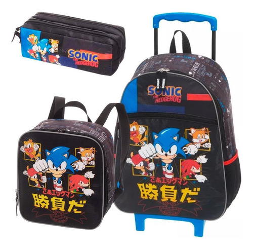 Kit Mochila Rodinha Lancheira Estojo Duplo Sonic Go Fast