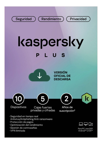 Antivirus Kaspersky Plus 10 Dispositivos 2 Años