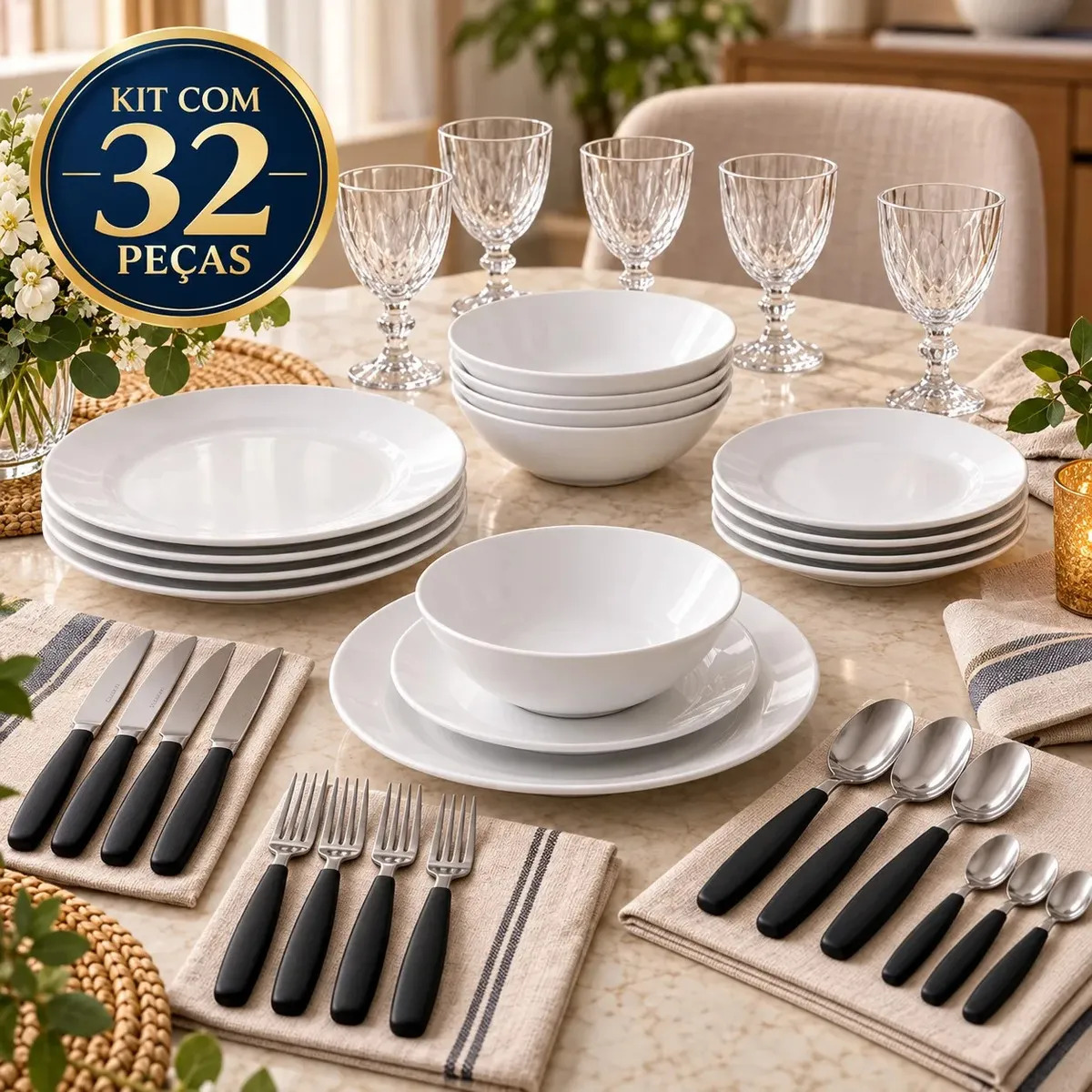Aparelho De Jantar 32 Peças Pratos Rasos Fundos Sobremesa Tigelas Saladeiras Taças Diamond 320ml Talheres Faqueiro Sólar Completo Para 4 Pessoas Liso Lisa
