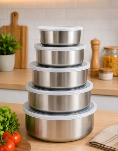 Jogo 5 Tigelas Inox Bowls Potes Tampa Plástica Cozinha Inox