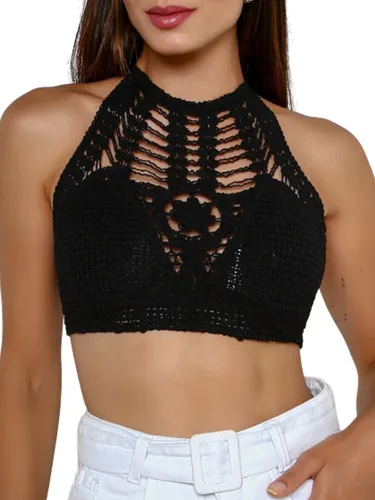  Top Cropped Crochê Tricot Frente Única Artesanal Feminino