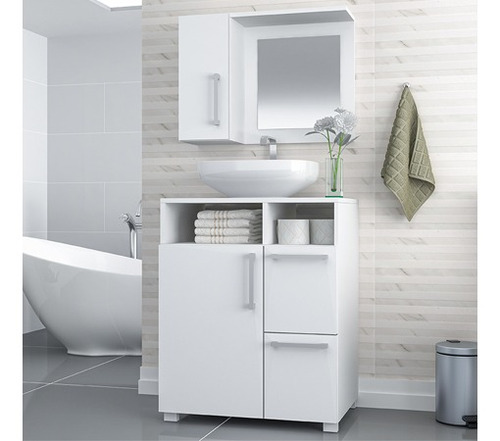 Imagen 2 de 4 de Conjunto Mueble De Baño 2 Puertas 2 Cajones Espejo Blanco
