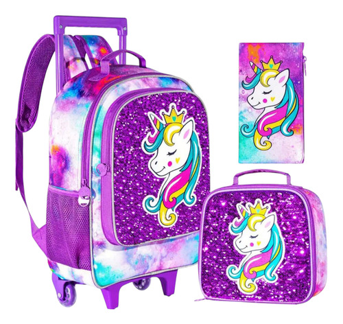 Conjunto De 3 Mochilas, Mochila Con Ruedas Para Niñas Morado Unicornio