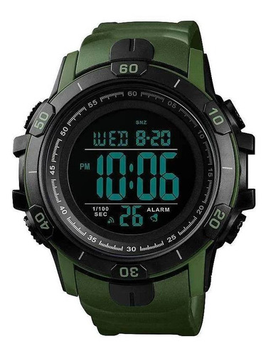 Reloj de pulsera Skmei 1475 de cuerpo color negro, digital, para hombre, fondo negro, con correa de poliuretano color verde militar, dial gris, minutero/segundero gris, bisel color negro, luz verde