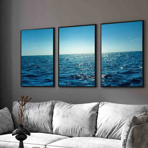 Kit 3 Quadros Decorativos Mar Azul Paisagem Moderno Moldura