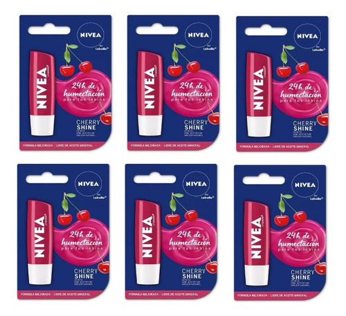 6 Protectores Labial Nivea By Labello Cherry Shine