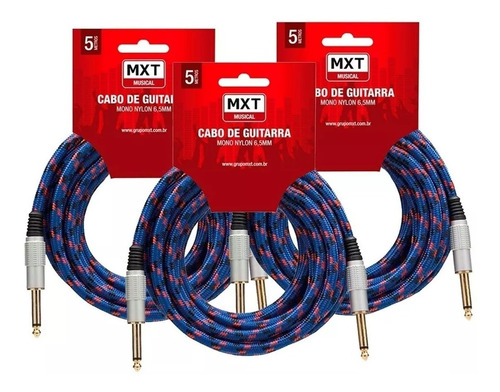 Kit 3 Cabo Mxt Para Guitarra Violão 5m Metros P10 P10 