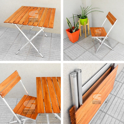 Imagen 4 de 10 de Mesa Plegable Aluminio Madera 84x75 + 4 Sillas Balcon Jardin