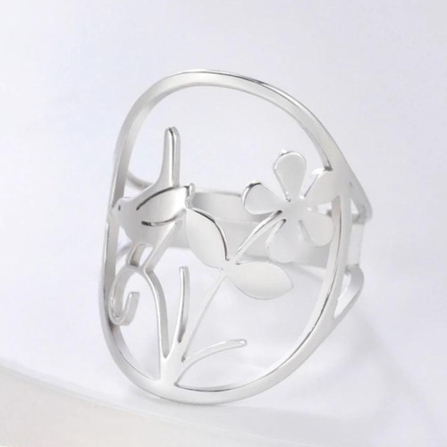 Imagen 7 de 8 de Anillo Pajaro Flor Mujer Ajustable Acero Plata Minimalista