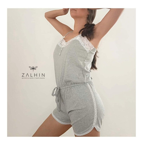 Pijama Mujer Enterizo Color Gris Con Encaje Zalhin