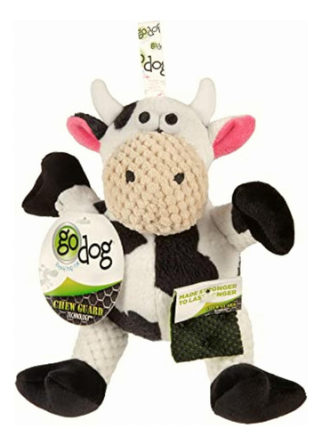 Godog Checkers Sitting Cow Squeaky Plush Dog Toy, Chew Guard