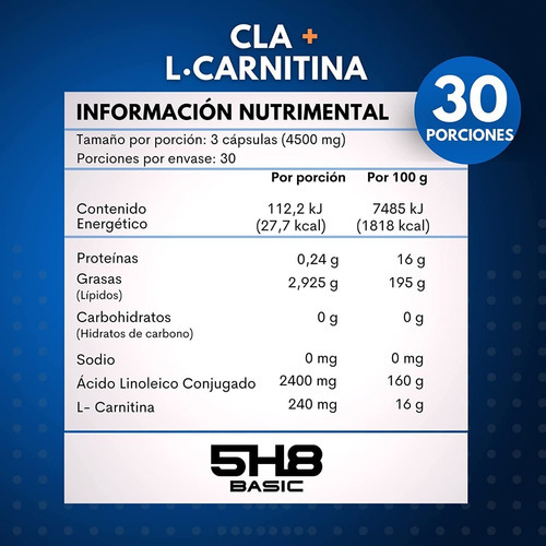 5h8 Cla Mas L-carnitina 90 Capsulas Sabor Sin Sabor