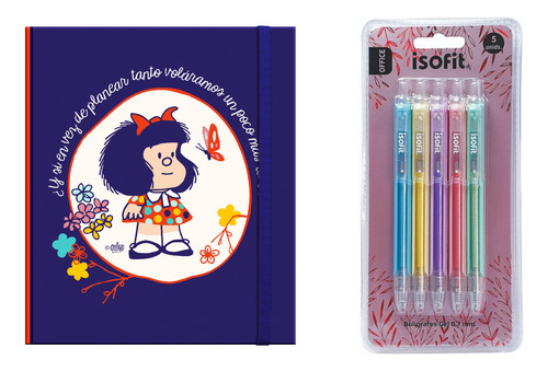 Libreta Lujo Cuaderno Mafalda Super Azul + Lapices Gel(5)