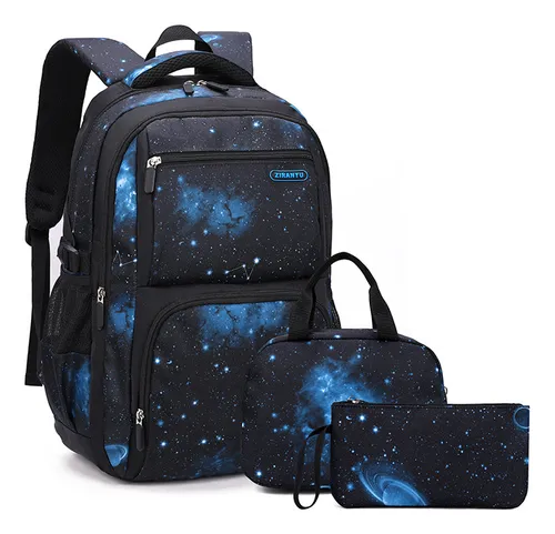 comprar Set Mochila Escolar Impermeable Con Lonchera Y Lapicera De Galaxia Para Niño Primario Secundario, Viaje, Laptop Color Negro Y Azul