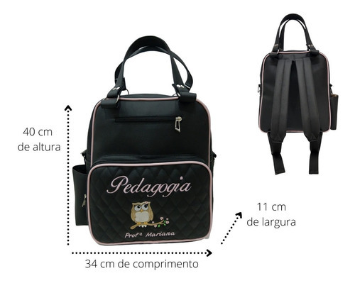 Bolsa Lateral Mochila Pedagogia Professora Escola Aula Top Cor Preto - Rosa Bebê Desenho do tecido Liso