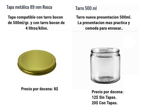 Frasco/tarro Bocon De Vidrio (docena).presentacion 500gr/ml.