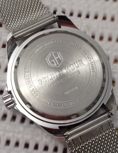 Relogio G H Golden Hour Aço Mesh Diver Militar Quartz 30m