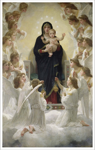 Lienzo, Virgen, Niño Jesús Y Ángeles, Arte Sacro, 80x120cm.