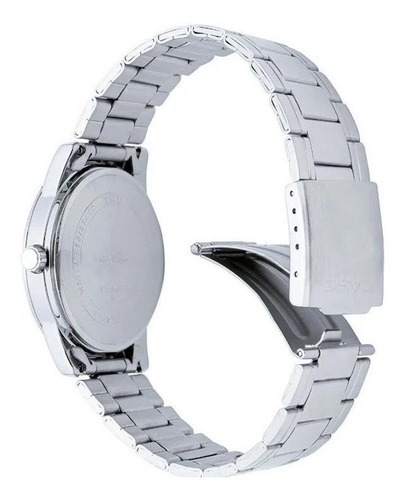 Reloj pulsera Casio Enticer MTP-V001 de cuerpo color plateado, analógico, para hombre, fondo plateado, con correa de acero inoxidable color plateado, agujas color plateado, dial negro, minutero/segundero negro, bisel color plateado y desplegable