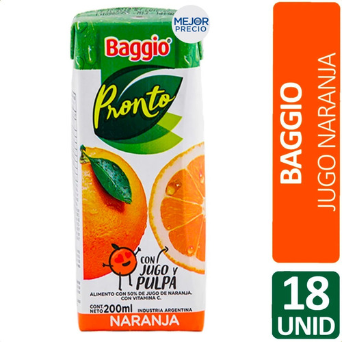 Imagen 1 de 6 de Jugo Baggio Pronto Naranja Libre De Gluten Sin Tacc Caja X18