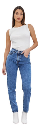 Jeans De Mujer Mom Stone Celeste Striven Rígido Tiro Alto