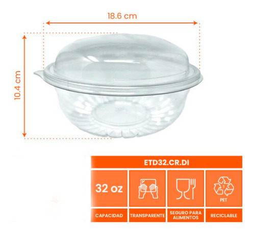 Ensaladera Con Tapa Domo 32 Oz Pet Reciclable Wow 50 Jgs Color Blanco
