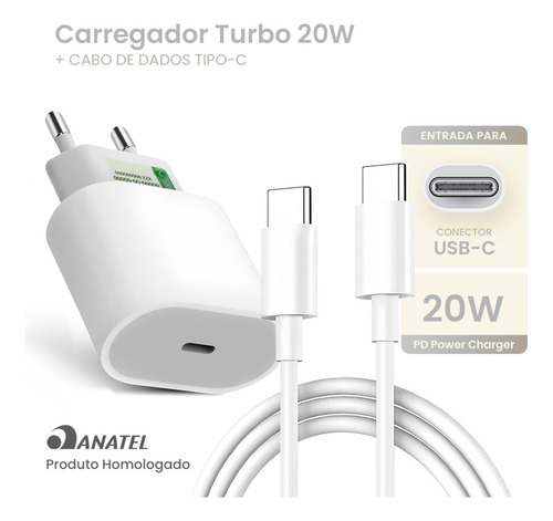 Carregador Turbo Tipo C Para Samsung S24 S23 S21 S20 Fe Plus Motorola Xiaomi LG Fonte Cor Branco