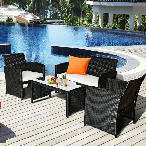 Set Patio & Jardín 4 Piezas De Mimbre Y Cojines Tipo Ratan
