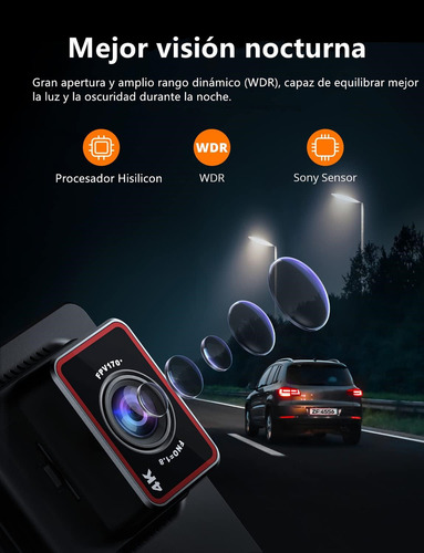 Dashcam P/ Coche Kingslim D4 Gps Y Wifi,Delantera 4K/2.5K,Trasera 1080P, 3" Pantalla táctil IPS 170° FOV,con sensor Sony Starvis, compatible con 256 GB como máximo