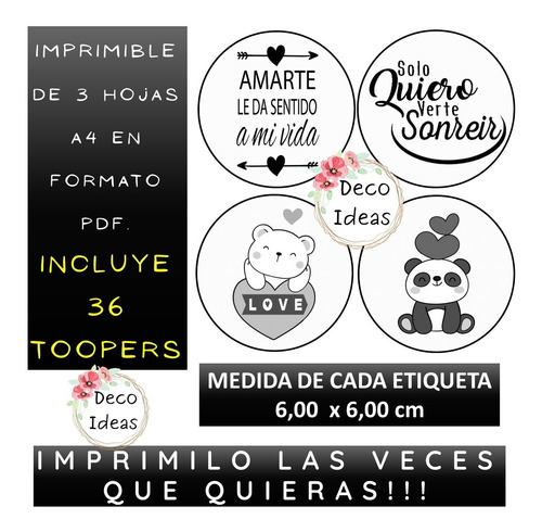 Imagen 4 de 5 de Kit 01 Imprimible Blanco Negro San Valentín Toppers Stikers