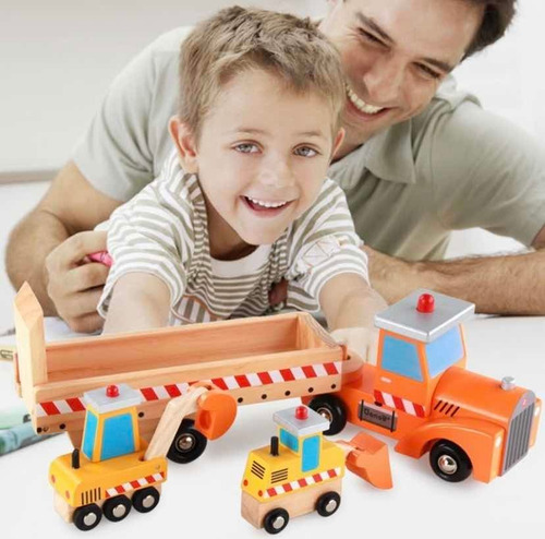 Juguete Madera Camión Rampa Autos De Construcción Niños Color Naranja