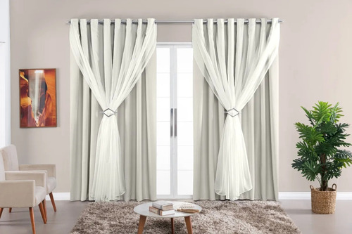 Cortina Blackout Tecido Com Voil 5,40m X 4,30m Para Varão Palha