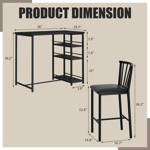 Juego De 2 Mesas Y Sillas De Bar Para Cocina Con 2 Taburetes