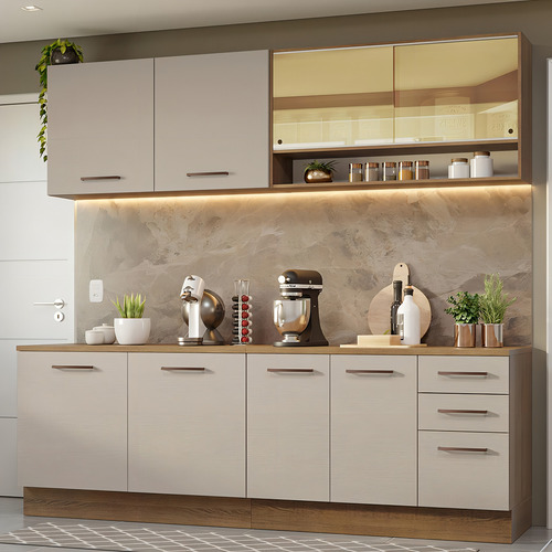 Armário de Cozinha Completa Modulada com Balcão para Cooktop 240cm Agata Madesa 01 Cor Rustic/Crema XMGRAG240001