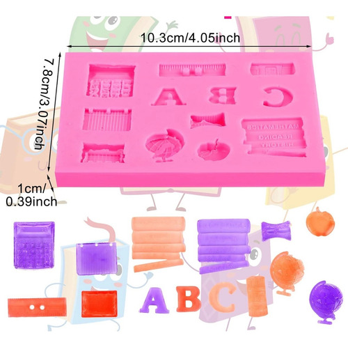 Molde Silicona Utiles Calculadora Regla Libros Tabla Fondant Rosa
