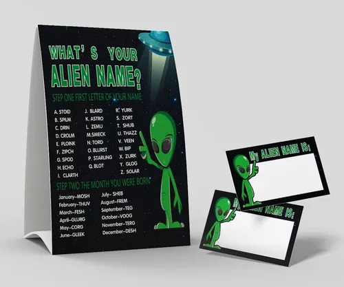 Shupai Whats Your Alien Name Game, 1 Letrero Con Tema Y 50 Y