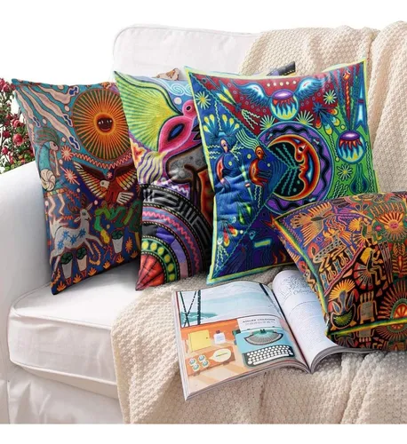 V Juego 7 Fundas Arte Huichol Mexicano Cojín Lino Premium