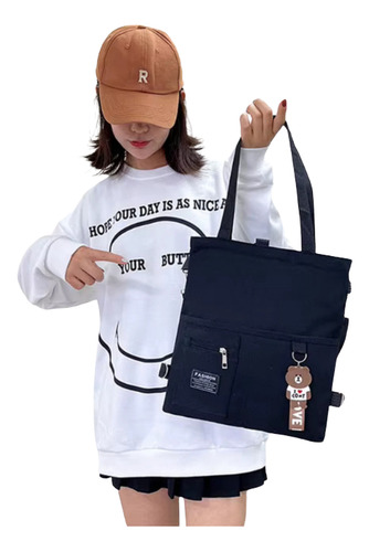 Bolso Tote Universitario Colegio Mujer Osito Colgante Charm Negro Lisa