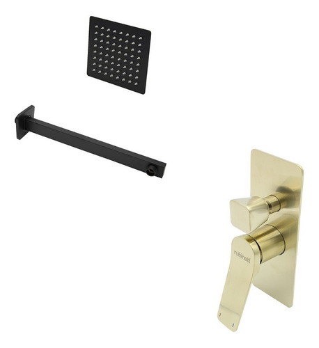 Regadera Negra Cuadrada 15cm Monomando Desviador Dorado Acabado Cepillado Color Negro Mate
